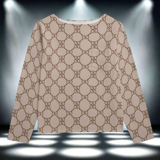 Beige long-sleeve shirt with a geometric pattern on a white background