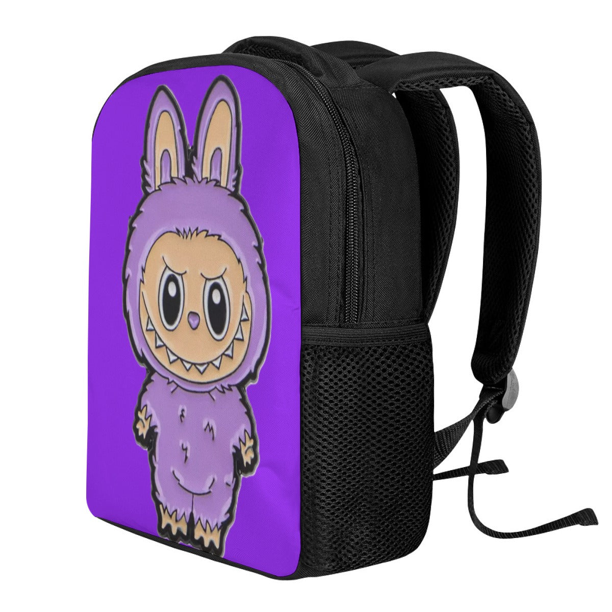 Backpack with a purple character design on a white background