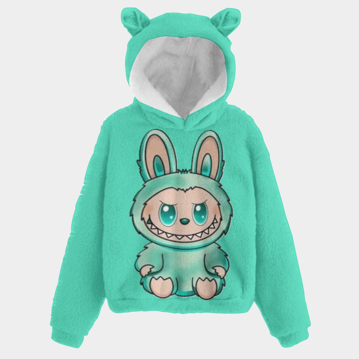 Teal hoodie with cartoon character on a light gray background