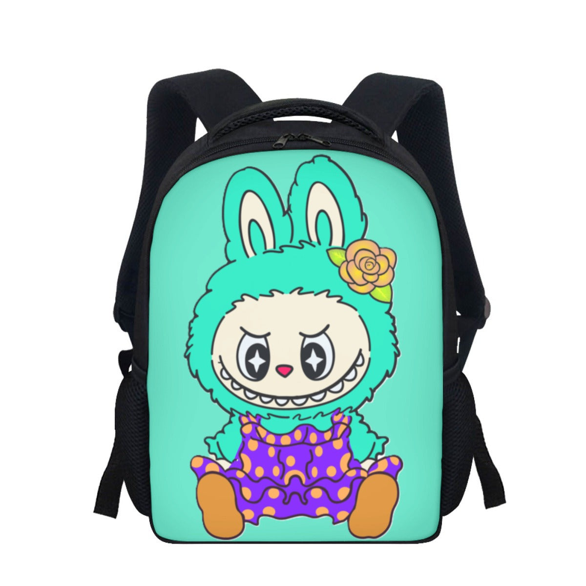 Backpack with a cartoon character on a turquoise background