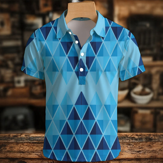 Blue geometric patterned shirt on a wooden hanger against a blurred indoor background
