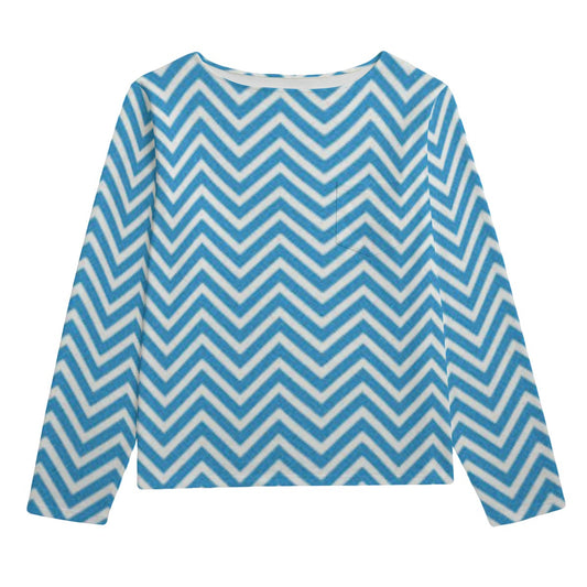 Blue and white chevron patterned shirt on a white background