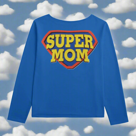 Blue long-sleeve shirt with 'Super Mom' print on a white background