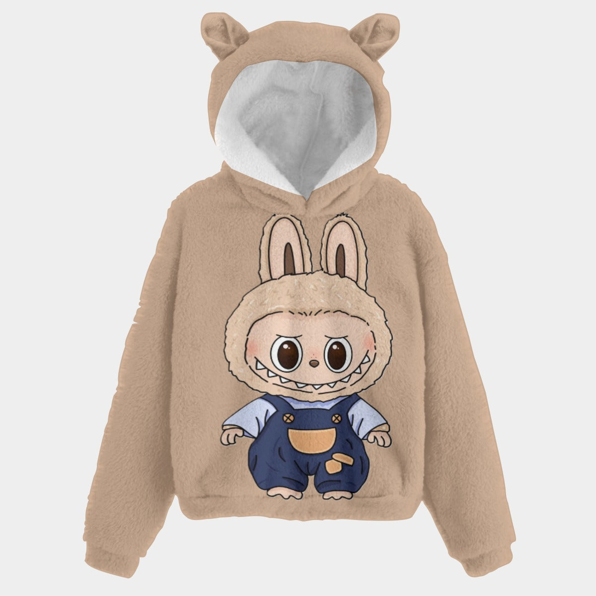 Beige hoodie with cartoon character design on a light gray background
