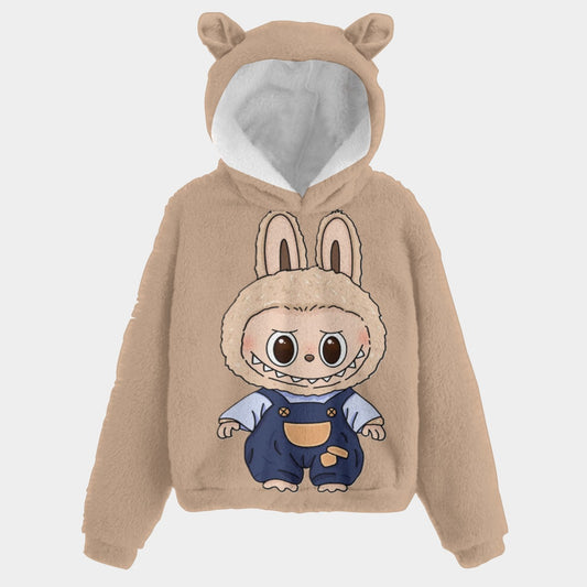 Beige hoodie with cartoon character design on a light gray background