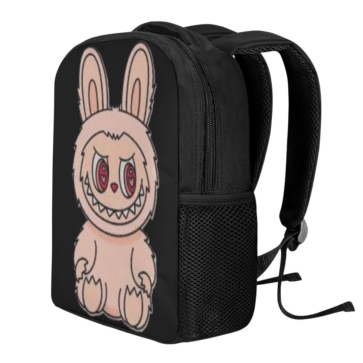 Black backpack with a cartoonish rabbit design on a white background