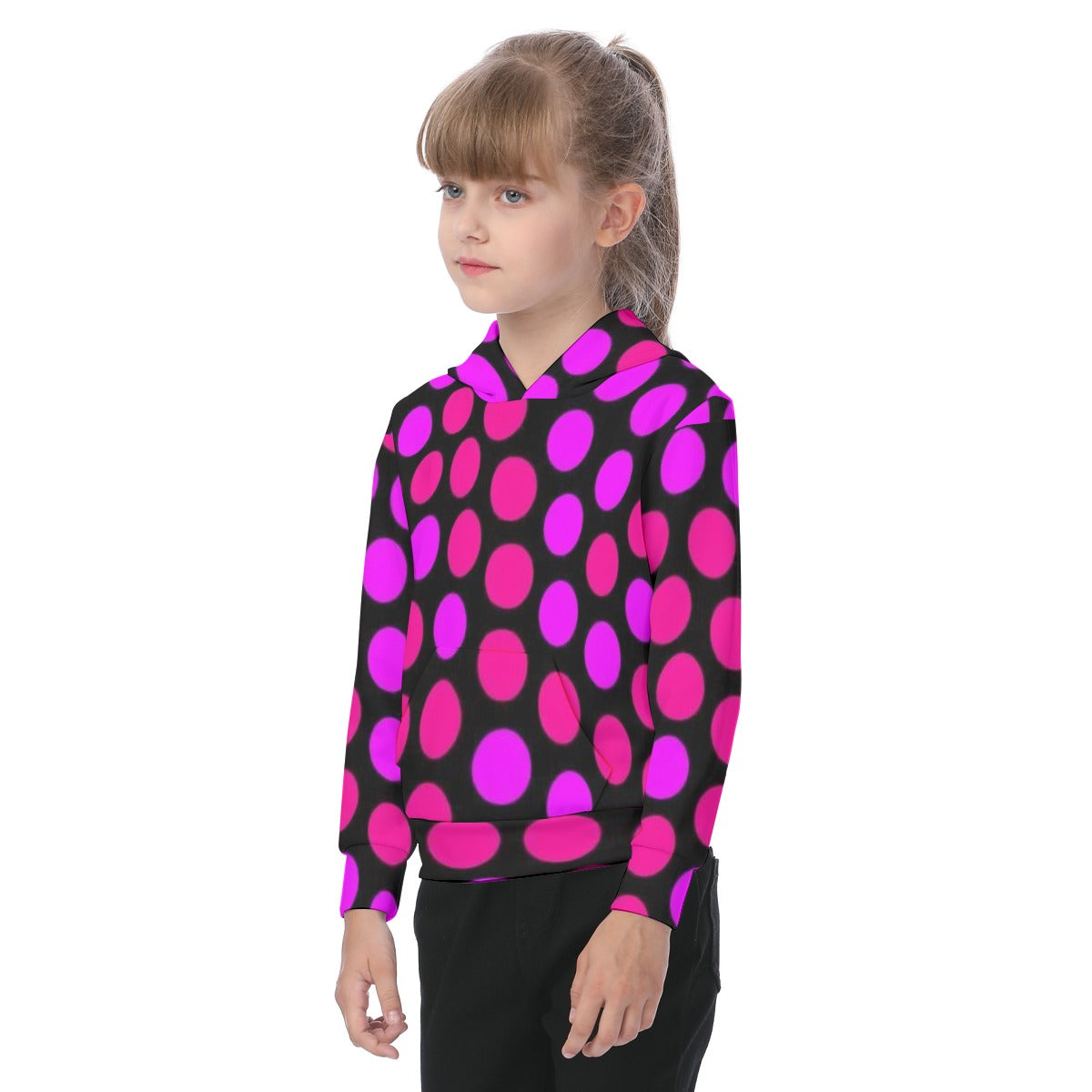 KSC's Exclusive/Custom- Young Girl's Hoodies-Black w/Hot Pink Polka Dots- Oversized Kid's Hoodie
