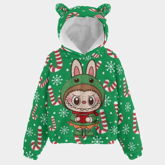 Green hoodie with cartoon character and candy cane pattern on a white background