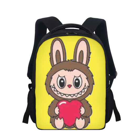 Backpack with cartoon character holding a heart on a yellow background