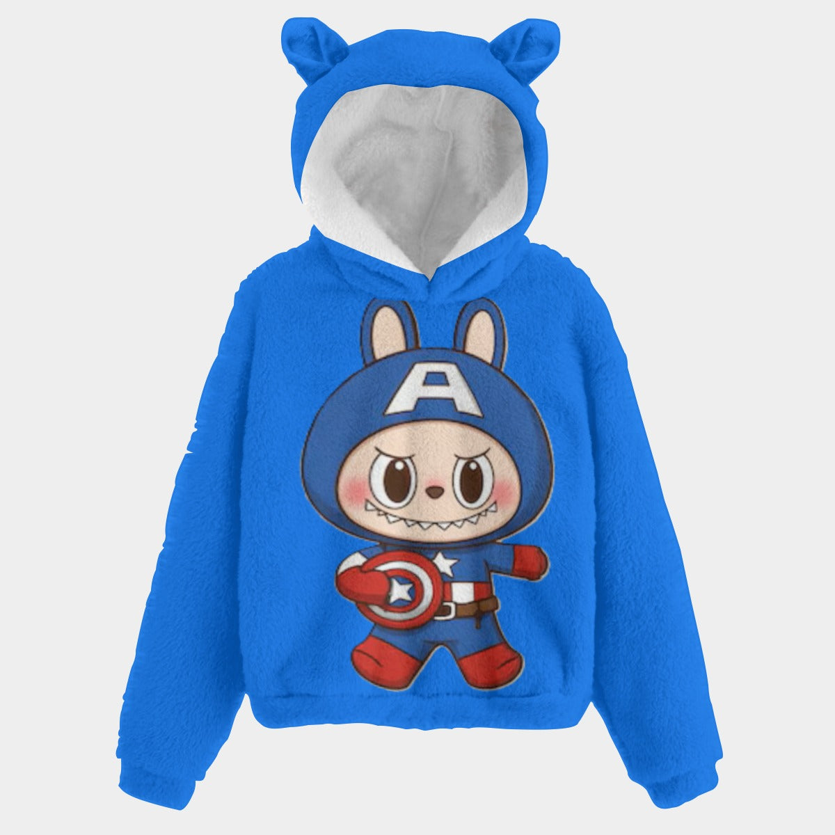 Blue hoodie with cartoon character design on a light gray background