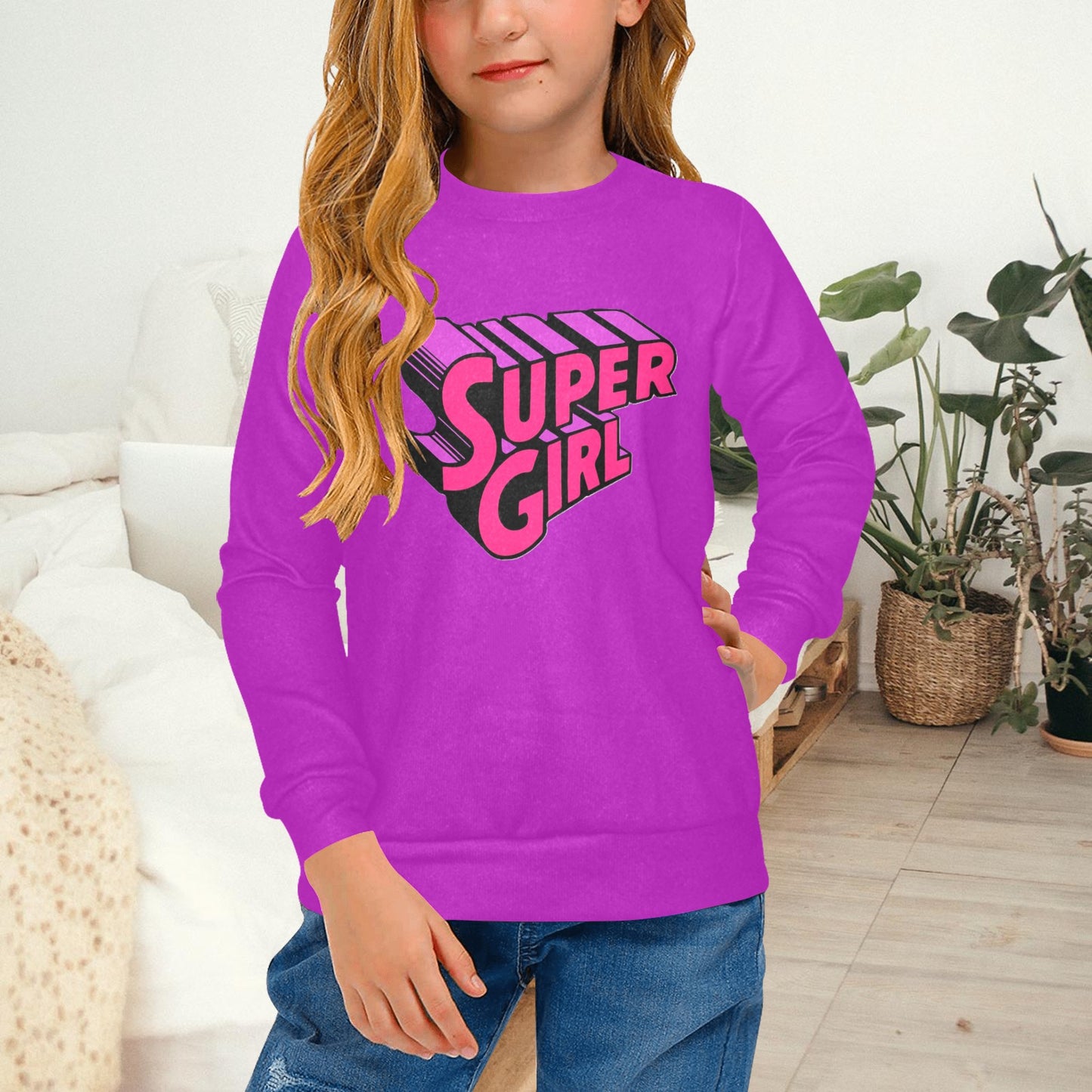 SUPER GIRL PRINT DESIGN YOUNG GIRL'S SWEATERS- Girls Super Girl Print Crew Neck Sweater