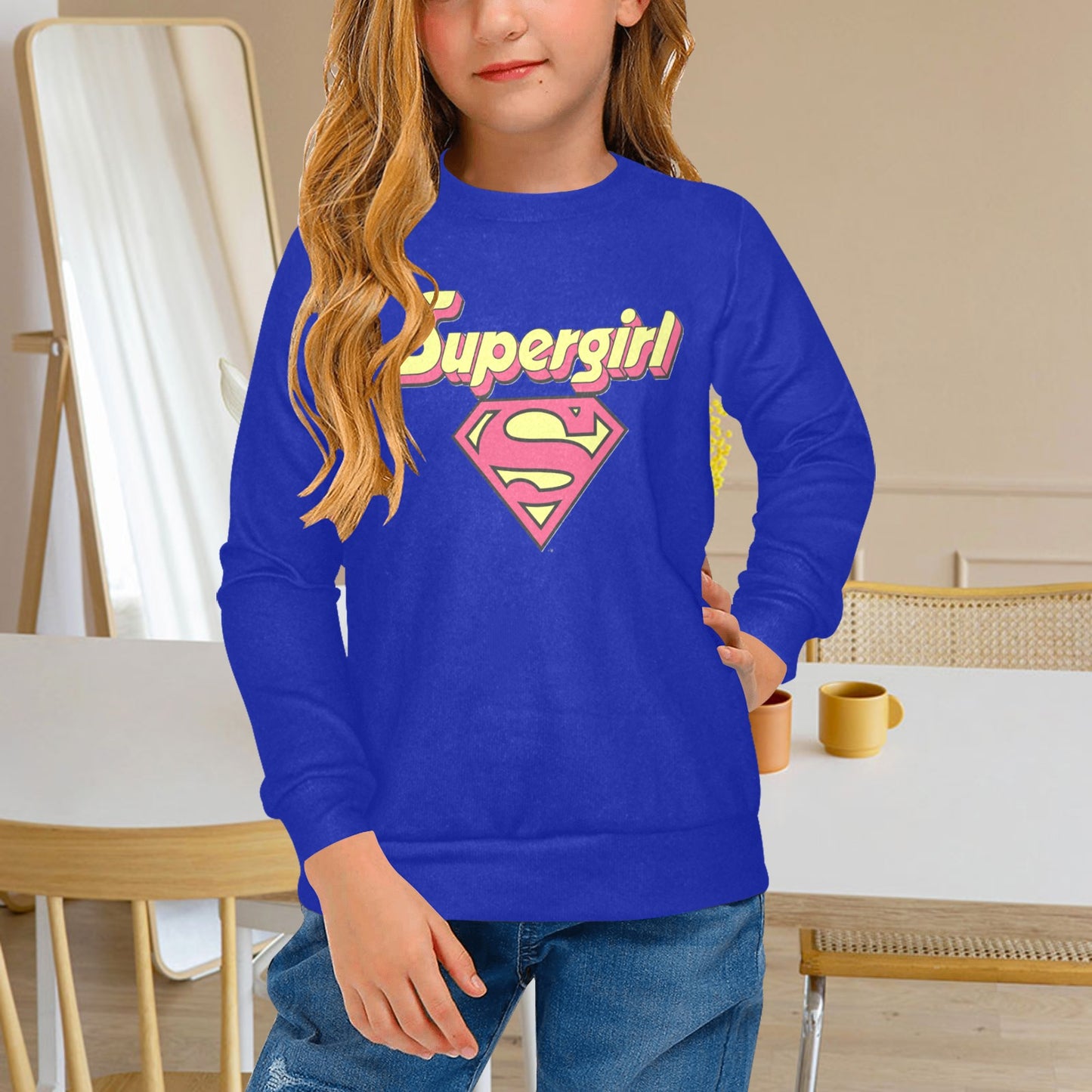 SUPER GIRL PRINT DESIGN YOUNG GIRL'S SWEATERS- Girls Super Girl Print Crew Neck Sweater