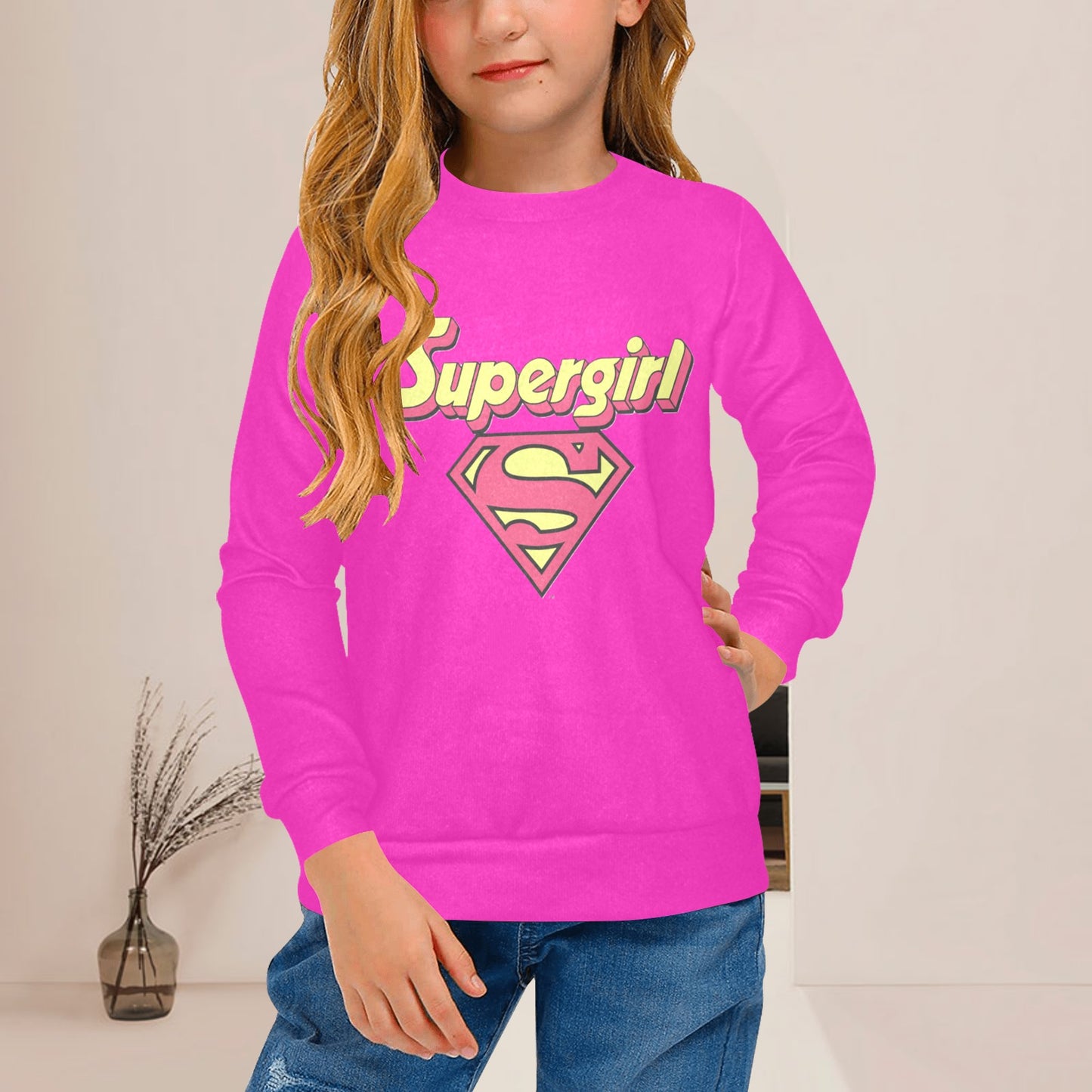 SUPER GIRL PRINT DESIGN YOUNG GIRL'S SWEATERS- Girls Super Girl Print Crew Neck Sweater