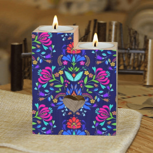 BLUE FLORAL DESIGN Wooden Candle Holder (Without Candle)
