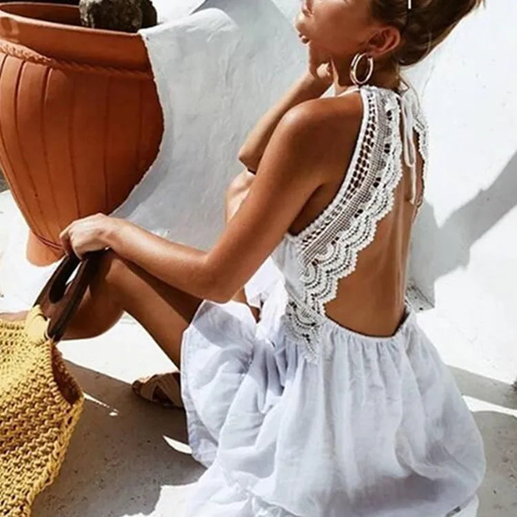 Summer Midi Sexy Lace Halter Waist Harness Dress Women Sleeveless Deep v Dress Beach Mini Dress Vestido Sundress Clothes