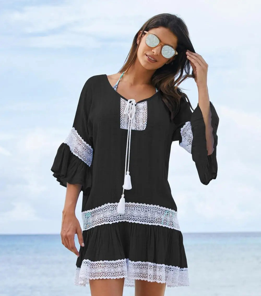 Summer Beach Cover up Dress 100% Cotton Women Sexy Hollow Out See Through Kaftan Beach Wear Sundress