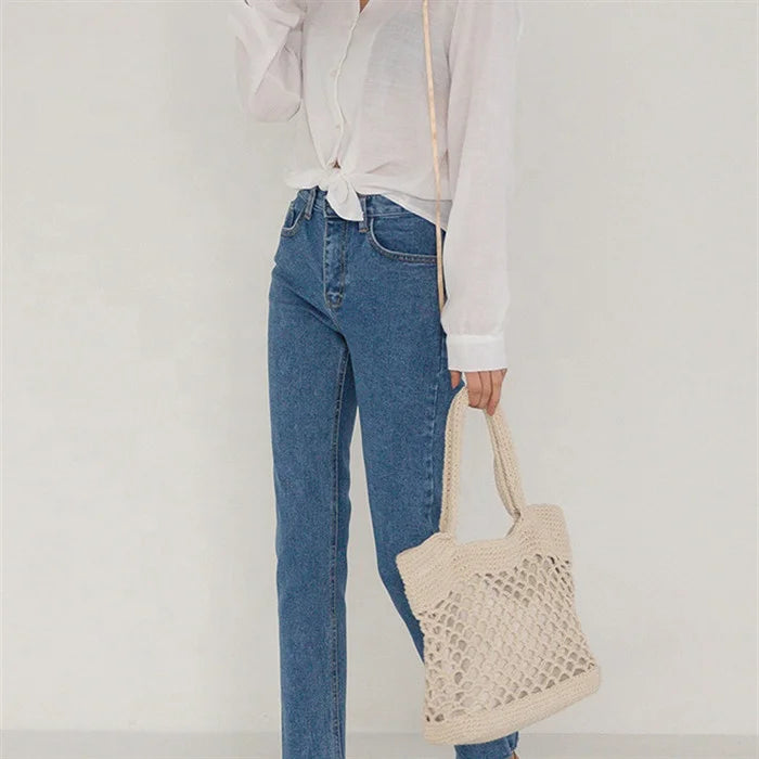 Super Fire Hollow Fishing Net Woven Bag Artistic Small Travel Beach Hand Bill of Lading Shoulder Bags