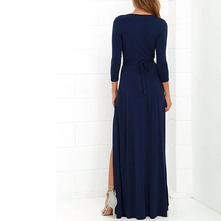 2025 Elegant Casual Simple Dress for Women Long Sleeve V-Neck Solid Color for Beach Club Digital Printing Shipping by Sea