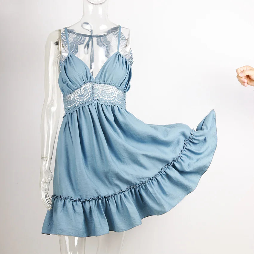 Summer Midi Sexy Lace Halter Waist Harness Dress Women Sleeveless Deep v Dress Beach Mini Dress Vestido Sundress Clothes