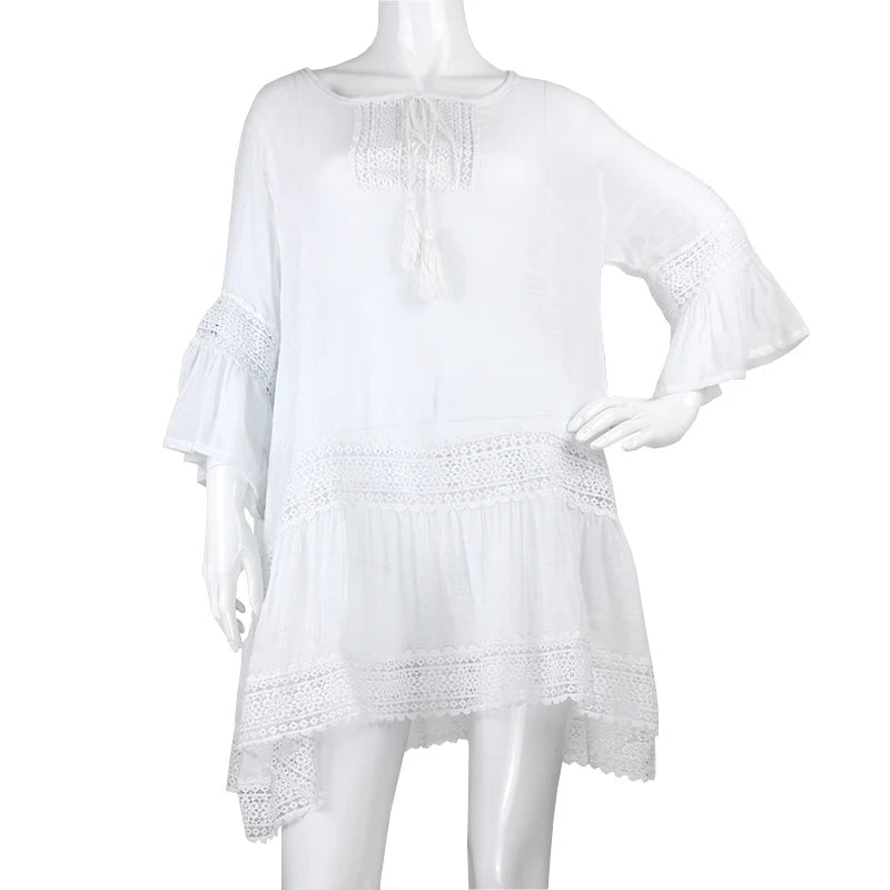 Summer Beach Cover up Dress 100% Cotton Women Sexy Hollow Out See Through Kaftan Beach Wear Sundress