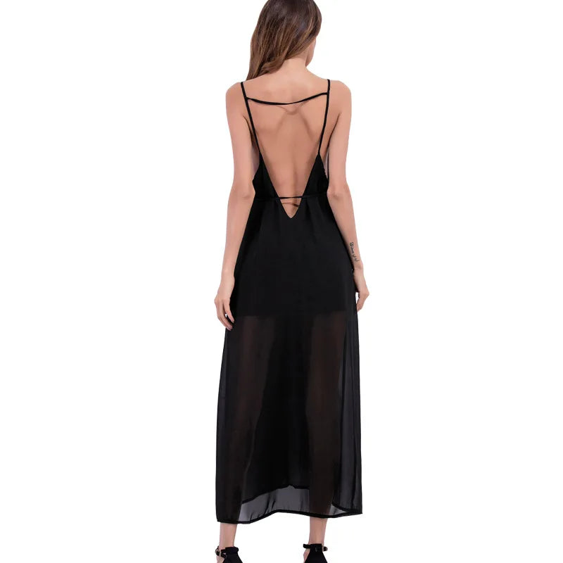 Summer Dress Women Sexy Deep V Neck Backless Spaghetti Strap Chiffon Long Dress Black White Split Side Beach Maxi Summer Dresses