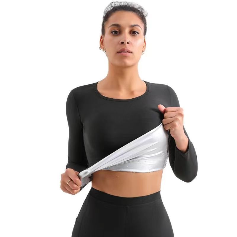 Women's Shaper Sports Tunic Belly Tight Top Sweat Suit Silver Long Sleeve Fitness Wear