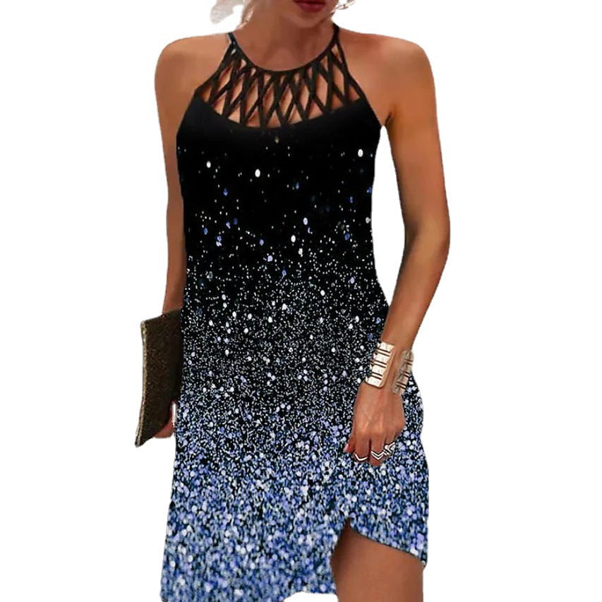 New Women's European And American Spring And Summer Round Neck Retro Hollow Collar Slim Sleeveless Halter Print Dress