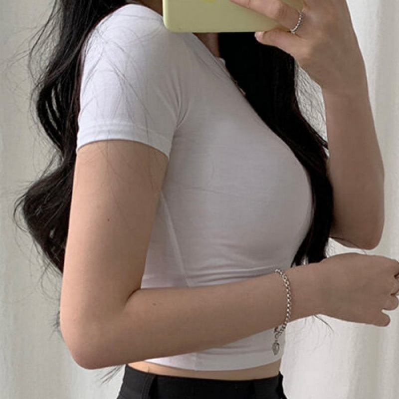 Women's Short-sleeved T-shirt Womens Summer New High Waist Solid Color Slim-fit Navel-exposed Short T-shirt Tight Top