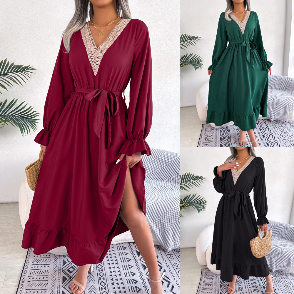 Ins Style Real Shot Spring And Summer European And American Temperament V-Neck Lace Waisted Ruffled Dress