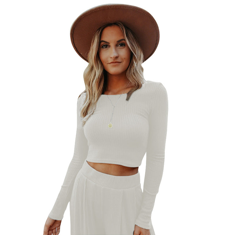 Fashion & Style Womens Long Sleeve Fashion Casual Suit Pit Knitted Wide Leg Pants