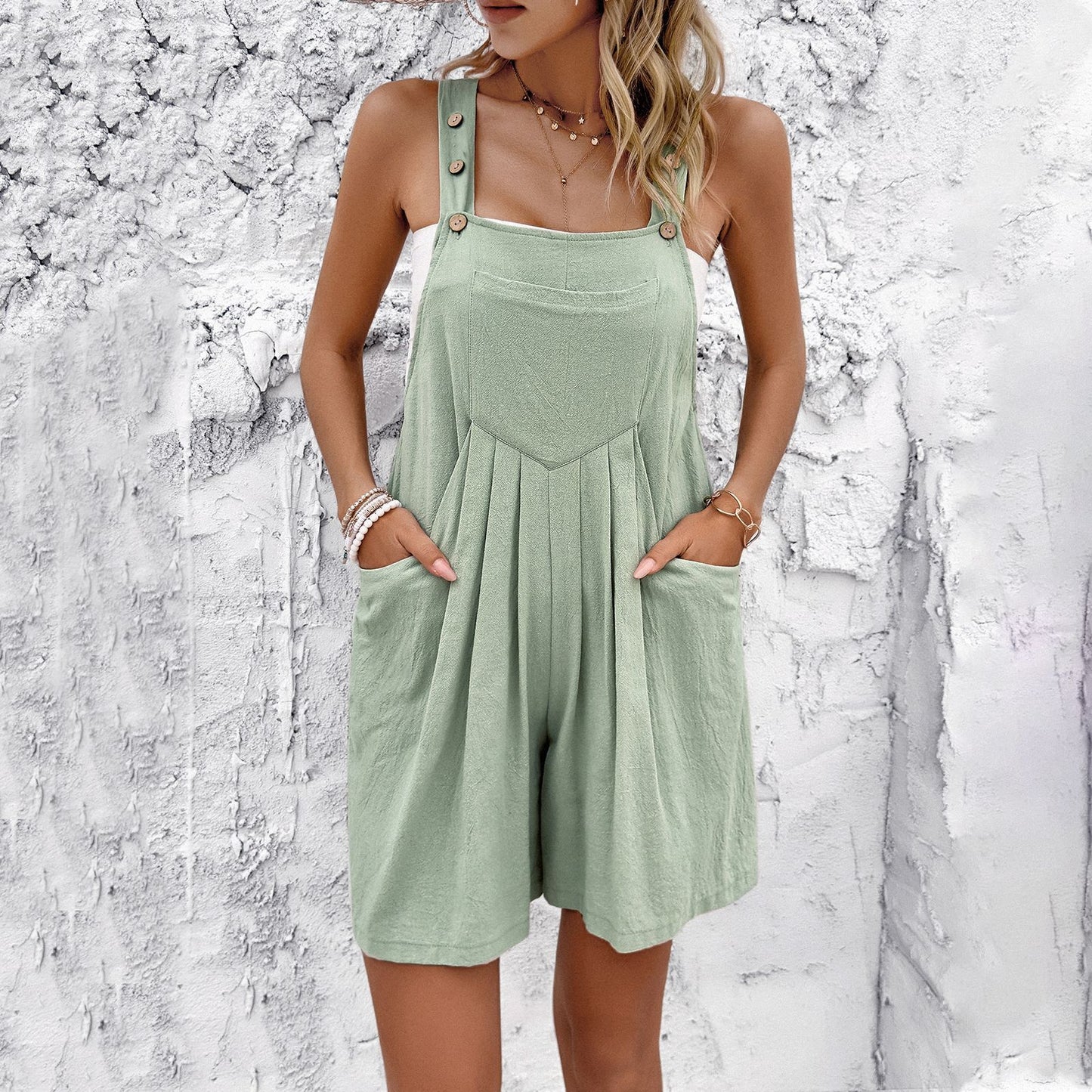 NEW Spring And Summer Line Women's Casual Temperament Solid Color Suspender Overall Shorts
