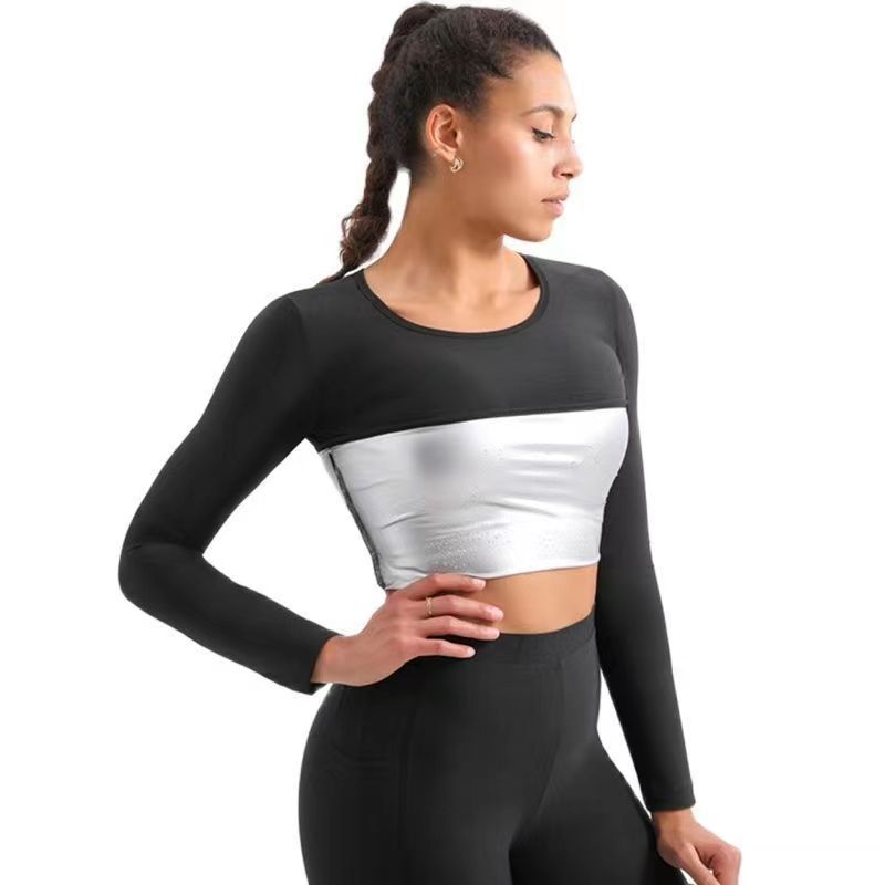 Women's Shaper Sports Tunic Belly Tight Top Sweat Suit Silver Long Sleeve Fitness Wear