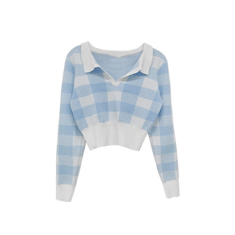 Plaid Sweater Womens Autumn Retro Slim-fit POLO Collar Bottoming Shirt Short Waist-tight Navel Top