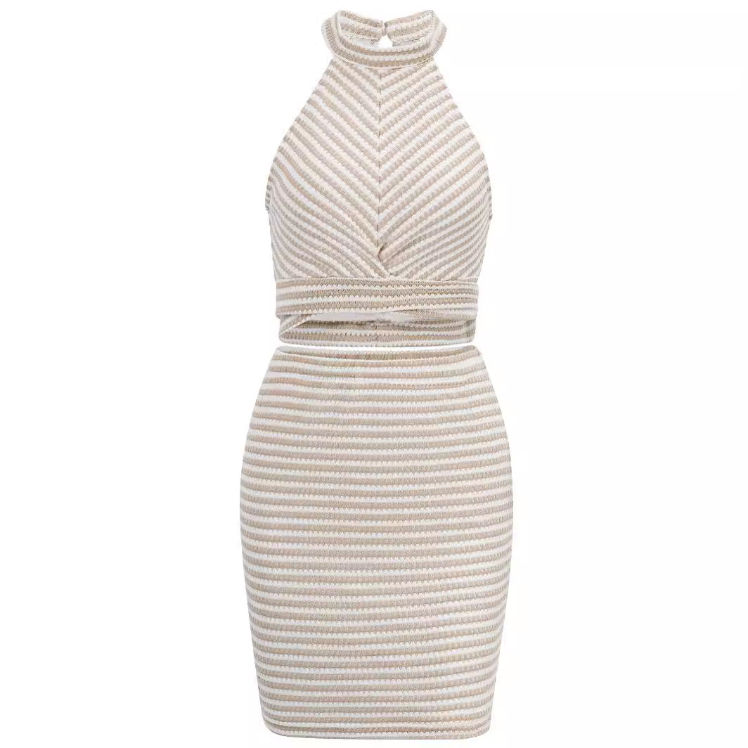 NEW FASHION STYLE! BEACH READY WEAR!! Summer New Womens Clothing Independent Station New Solid Color Halter Waist-exposed Top Lace-up Suit Skirt Foreign Trade