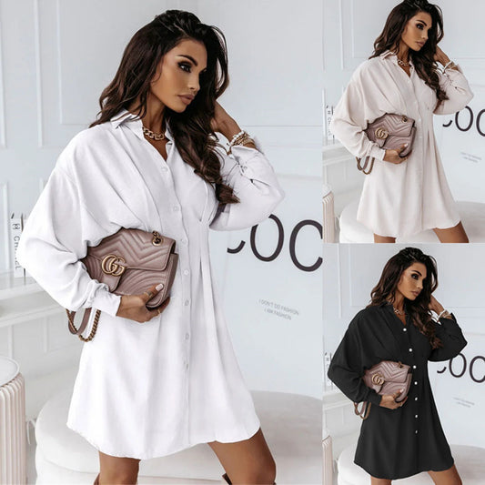 New European And American Popular Women's Clothing Solid Color Shirt Collar Waist-tight Sexy Dress