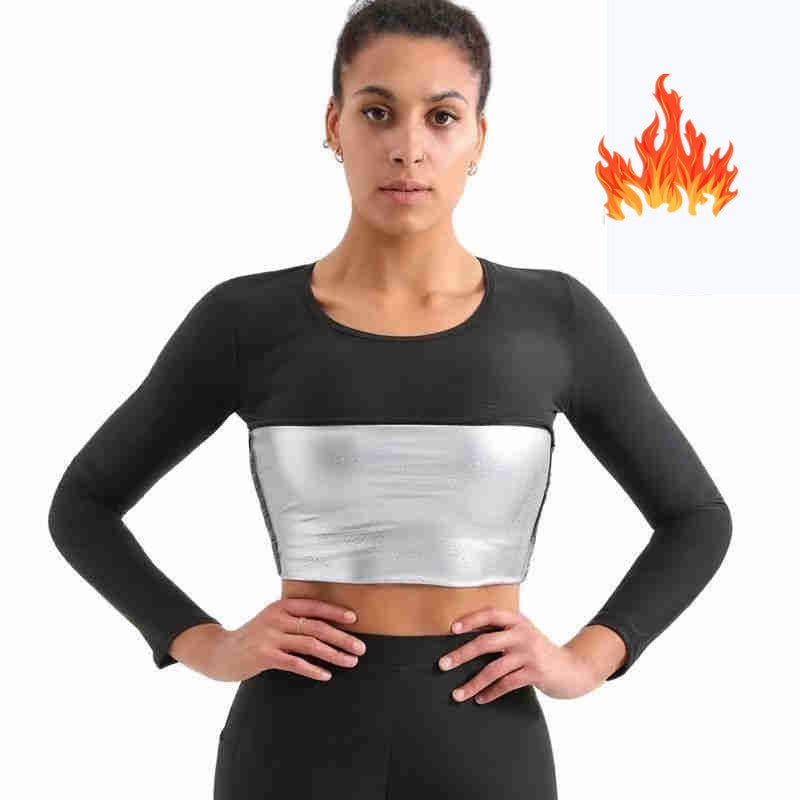 Women's Shaper Sports Tunic Belly Tight Top Sweat Suit Silver Long Sleeve Fitness Wear