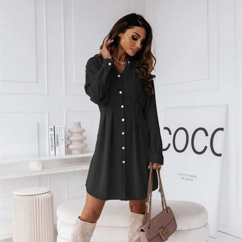 New European And American Popular Women's Clothing Solid Color Shirt Collar Waist-tight Sexy Dress