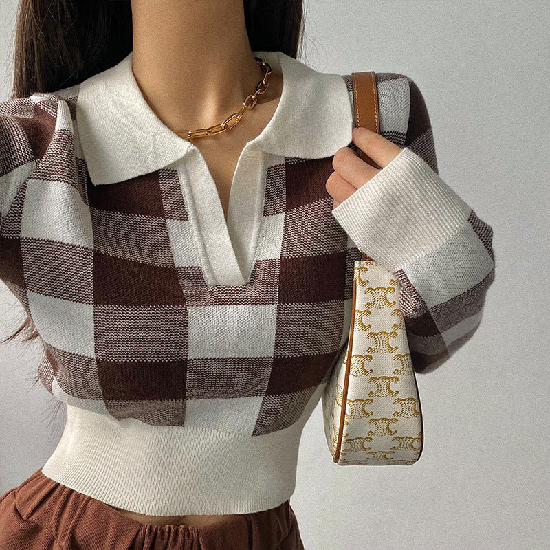 Plaid Sweater Womens Autumn Retro Slim-fit POLO Collar Bottoming Shirt Short Waist-tight Navel Top
