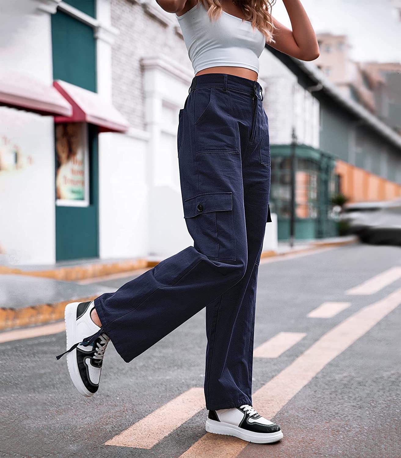Summer New Casual Pants Womens Button High Waist Wide Leg Cargo Pants Womens Pants