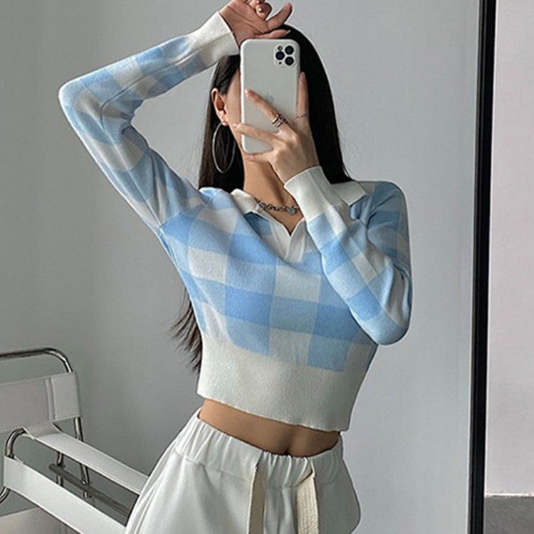 Plaid Sweater Womens Autumn Retro Slim-fit POLO Collar Bottoming Shirt Short Waist-tight Navel Top