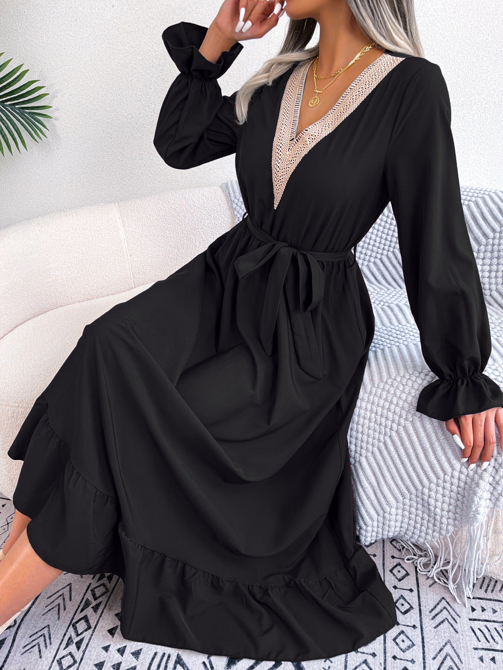 Ins Style Real Shot Spring And Summer European And American Temperament V-Neck Lace Waisted Ruffled Dress