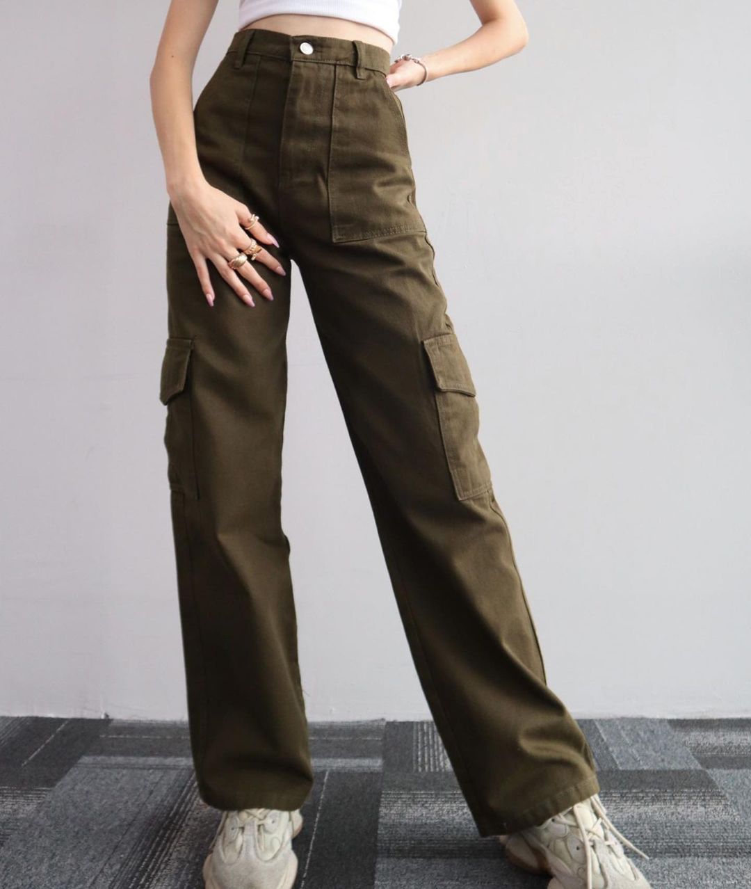 Women's Casual Pants Mid-waist Three-dimensional Pocket Pants Waist Overalls