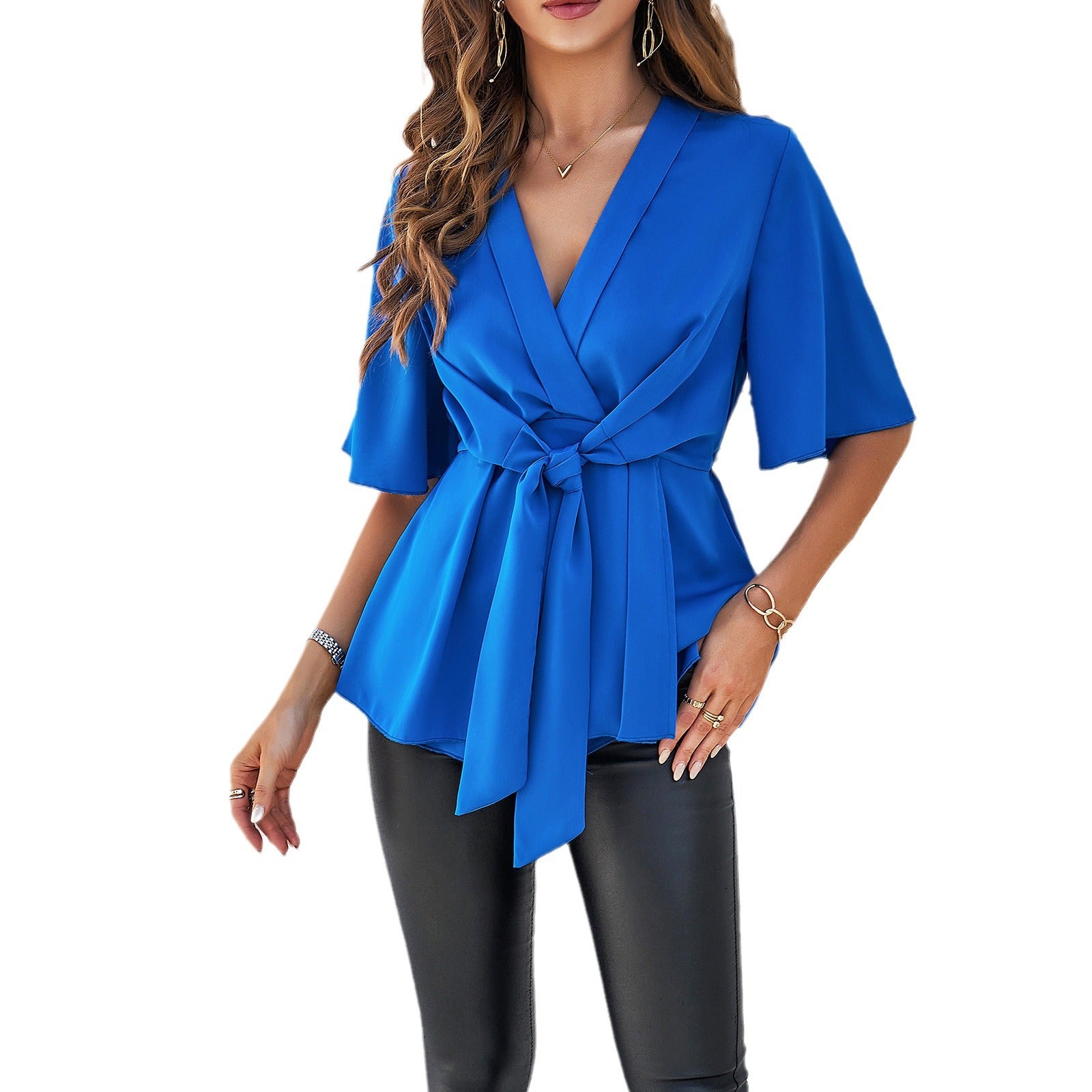 NEW Spring And Summer Line Women's Solid Color Elegant Short-sleeved Strappy Top