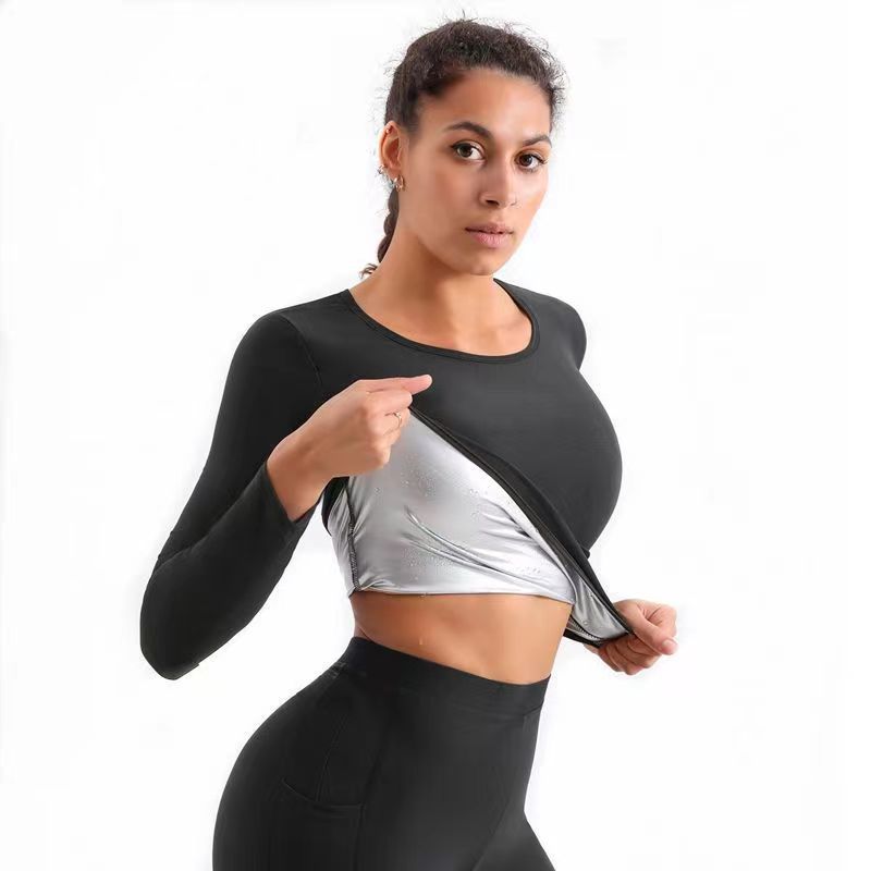 Women's Shaper Sports Tunic Belly Tight Top Sweat Suit Silver Long Sleeve Fitness Wear