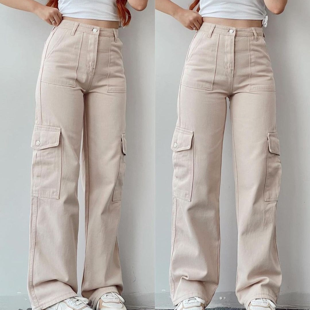 Women's Casual Pants Mid-waist Three-dimensional Pocket Pants Waist Overalls