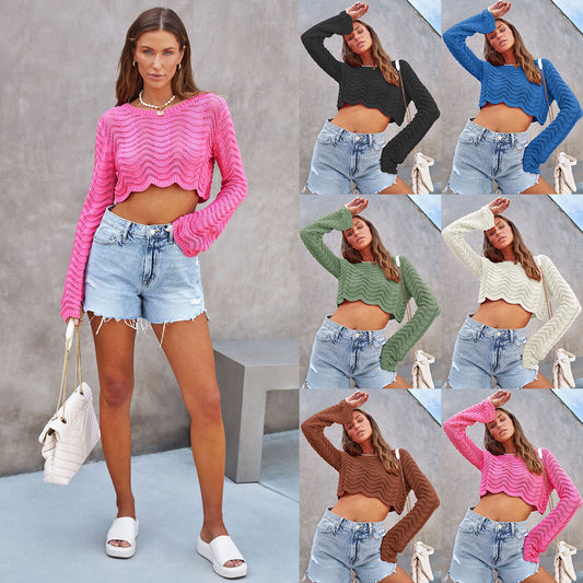 Fashion Solid Color Hollow Wave Short Pullover Sweater Women