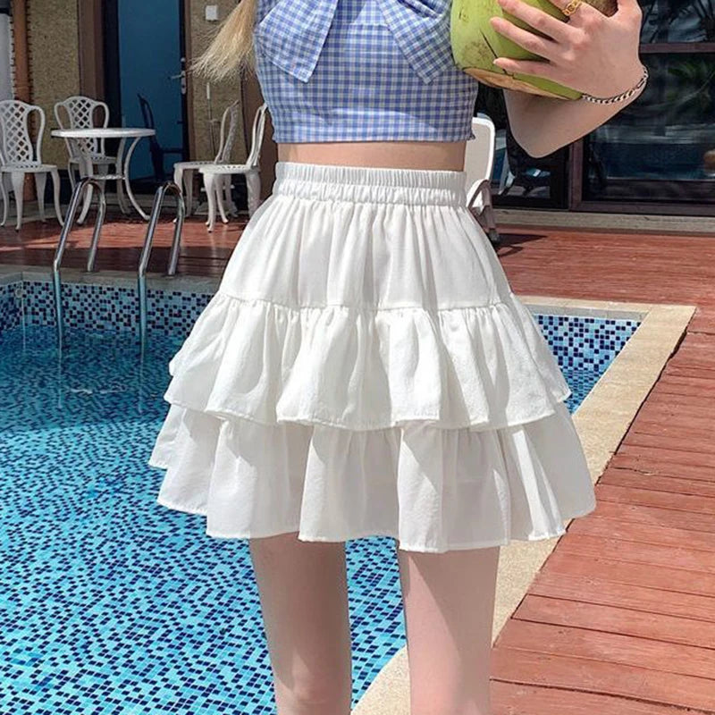 Pleated A-Line Skirt Women White Ruffle Sweet Tiered Pretty Style Skirt Elastic Waist Summer Slim Basic Korean Harajuku Dress
