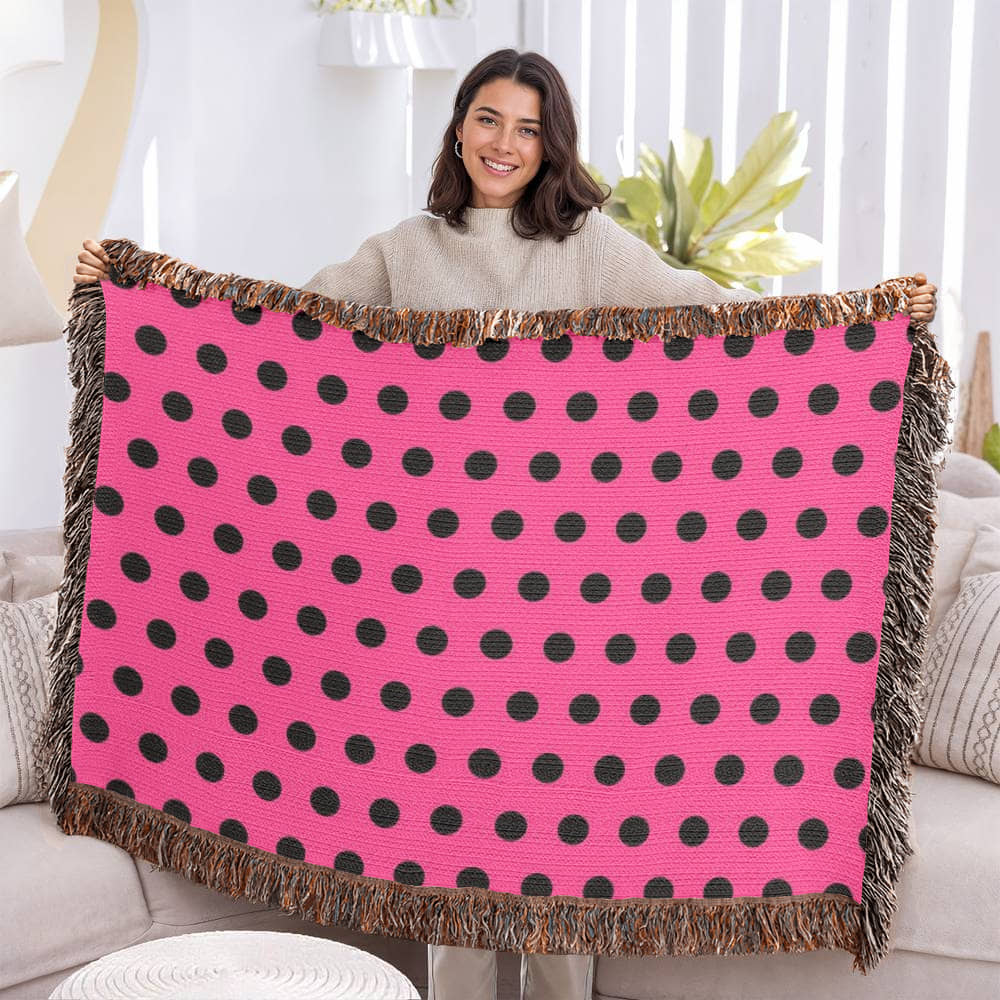 TRENDING -CUSTOM DESIGNER LADY BUG BLACK POLKA DOT PINK HEIRLOOM ARTWORK WOVEN BLANKET