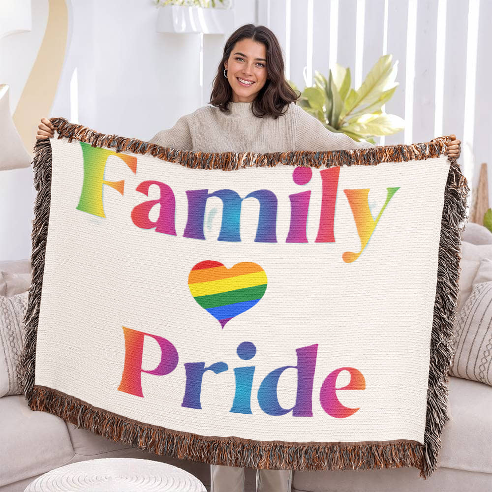 POPULAR DESIGN- Custom Designer Family Pride Rainbow Heart Heirloom Artwork Woven Blanket