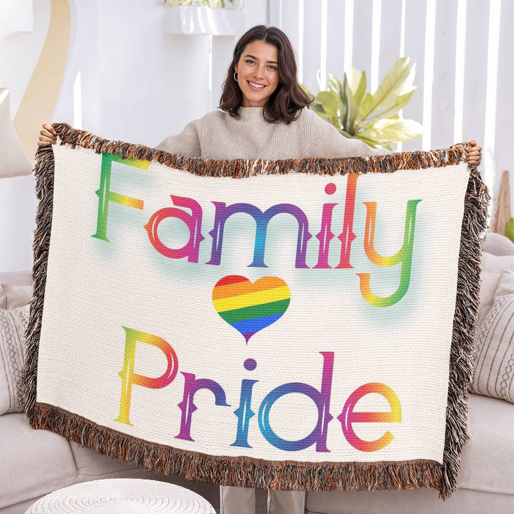 POPULAR DESIGN- Custom Designer Family Pride Rainbow Heart Heirloom Woven Blanket